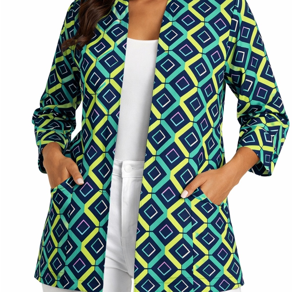 Natori Geometric Print Blazer Cardigan 3/4 Sleeve Belted Pockets‎ Small